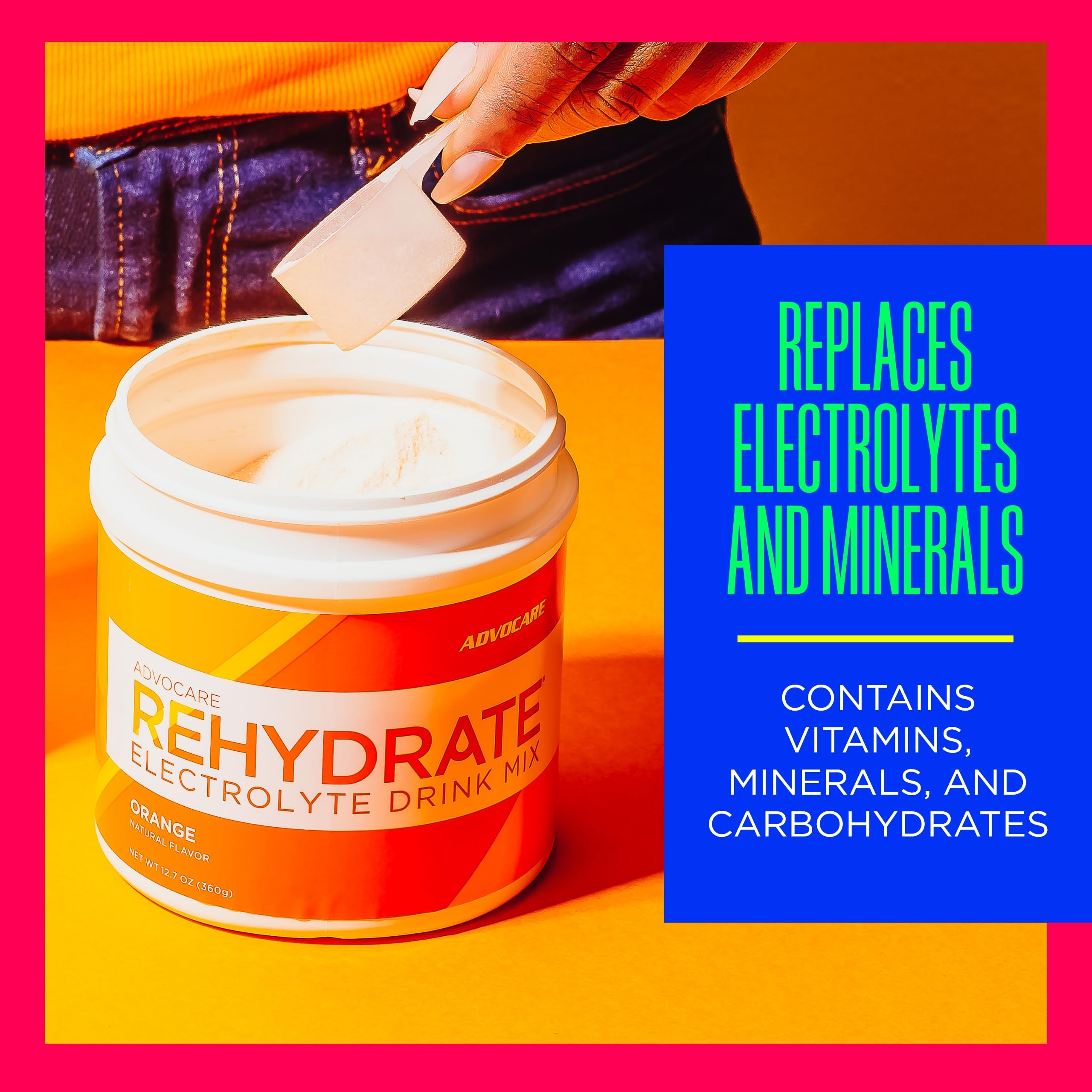 Advocare Rehydrate packaging close-up emphasizes vitamin C for immune-ready support.