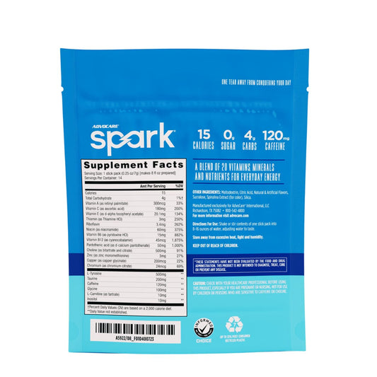 Close-up of AdvoCare Spark blue raspberry stick showing portable energy for on-the-go focus.