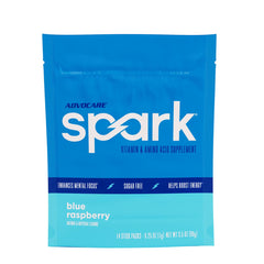 AdvoCare Spark blue raspberry stick pack ready to mix for a quick energy boost.