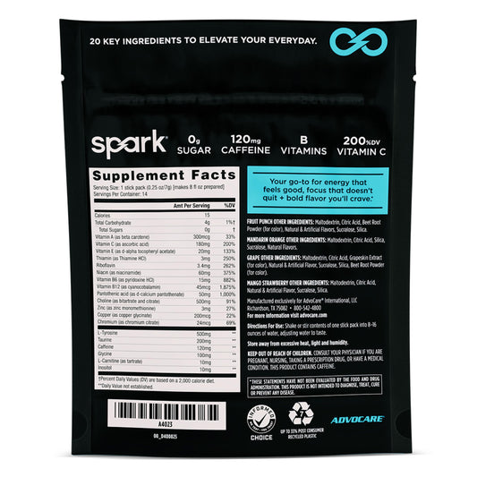 AdvoCare Spark label highlights caffeine and vitamins for mental focus.