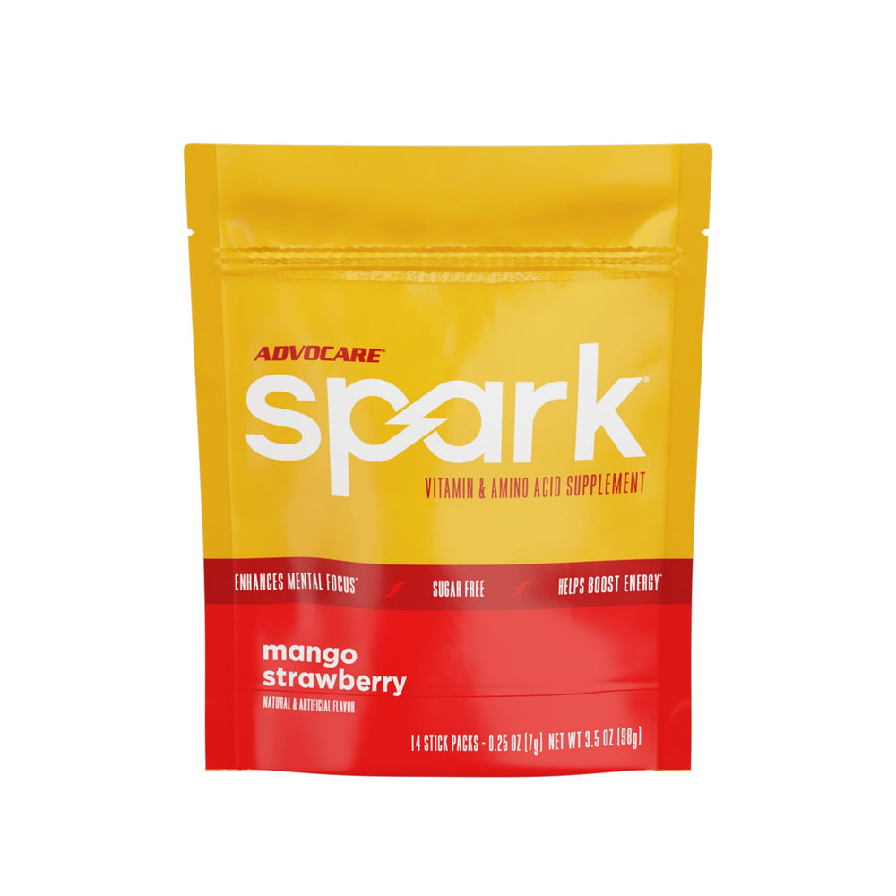 AdvoCare Spark mango-strawberry stick-pack ready for on-the-go energy.
