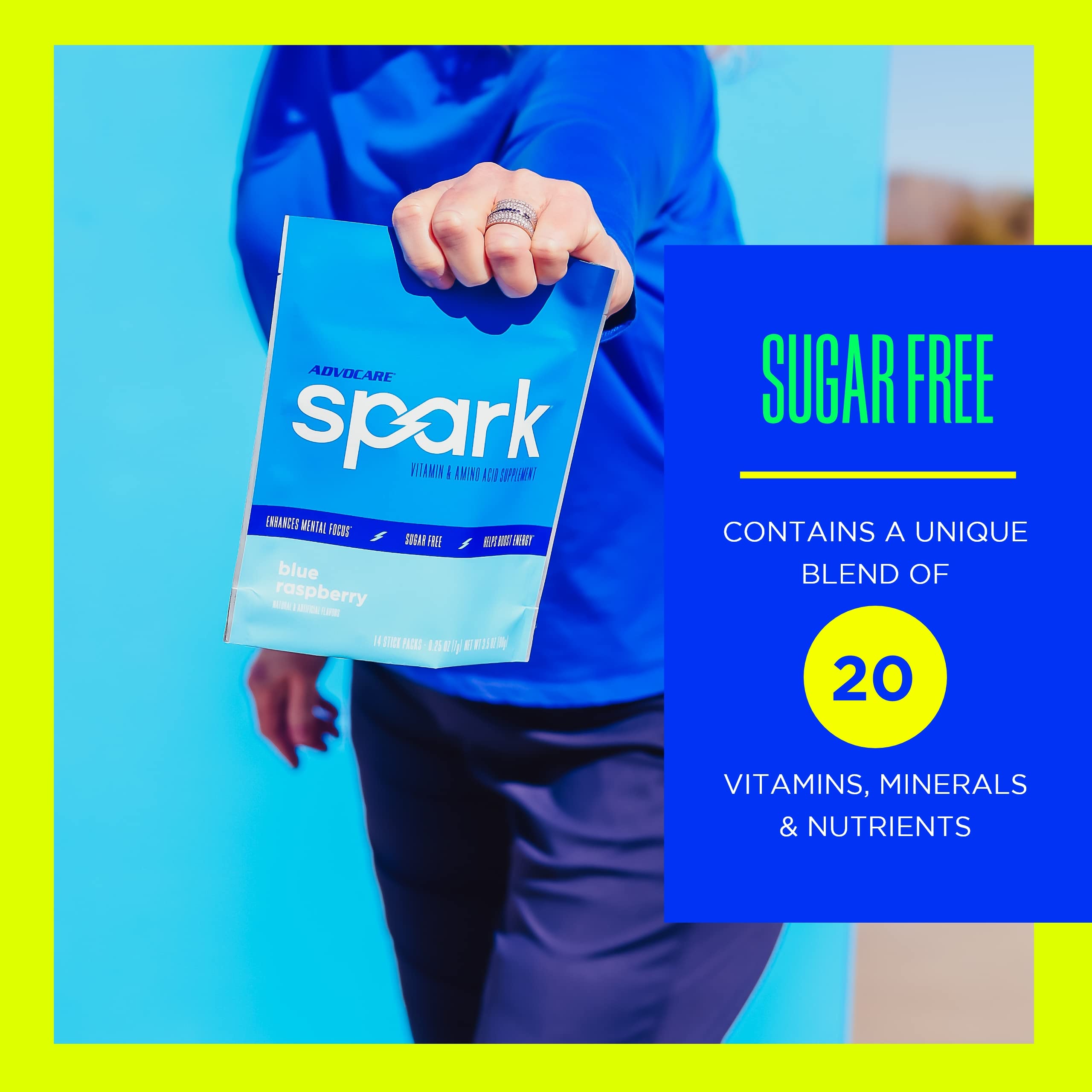 Morning or travel scenario with AdvoCare Spark on-the-go packaging for energy.