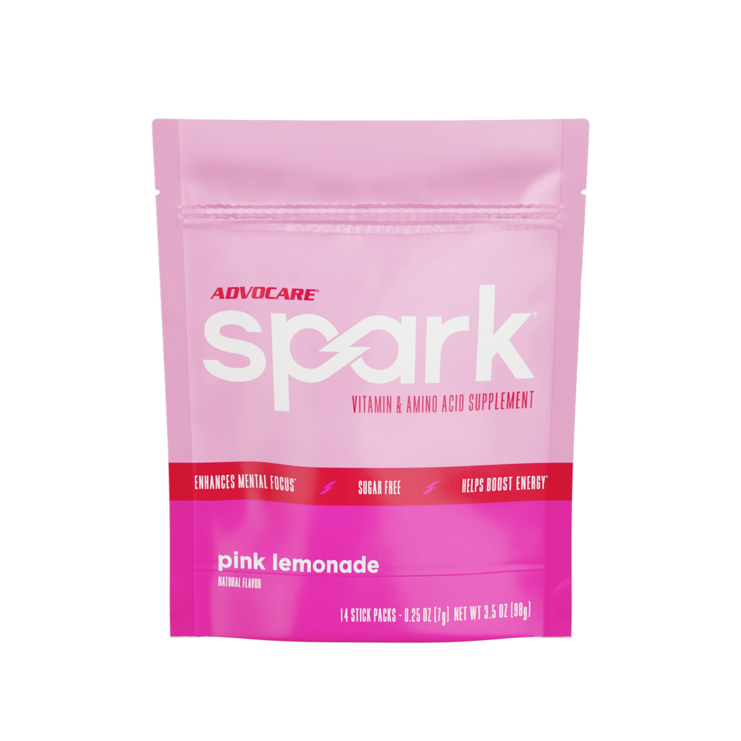 AdvoCare Spark Pink Lemonade stick-pack showing portable energy boost