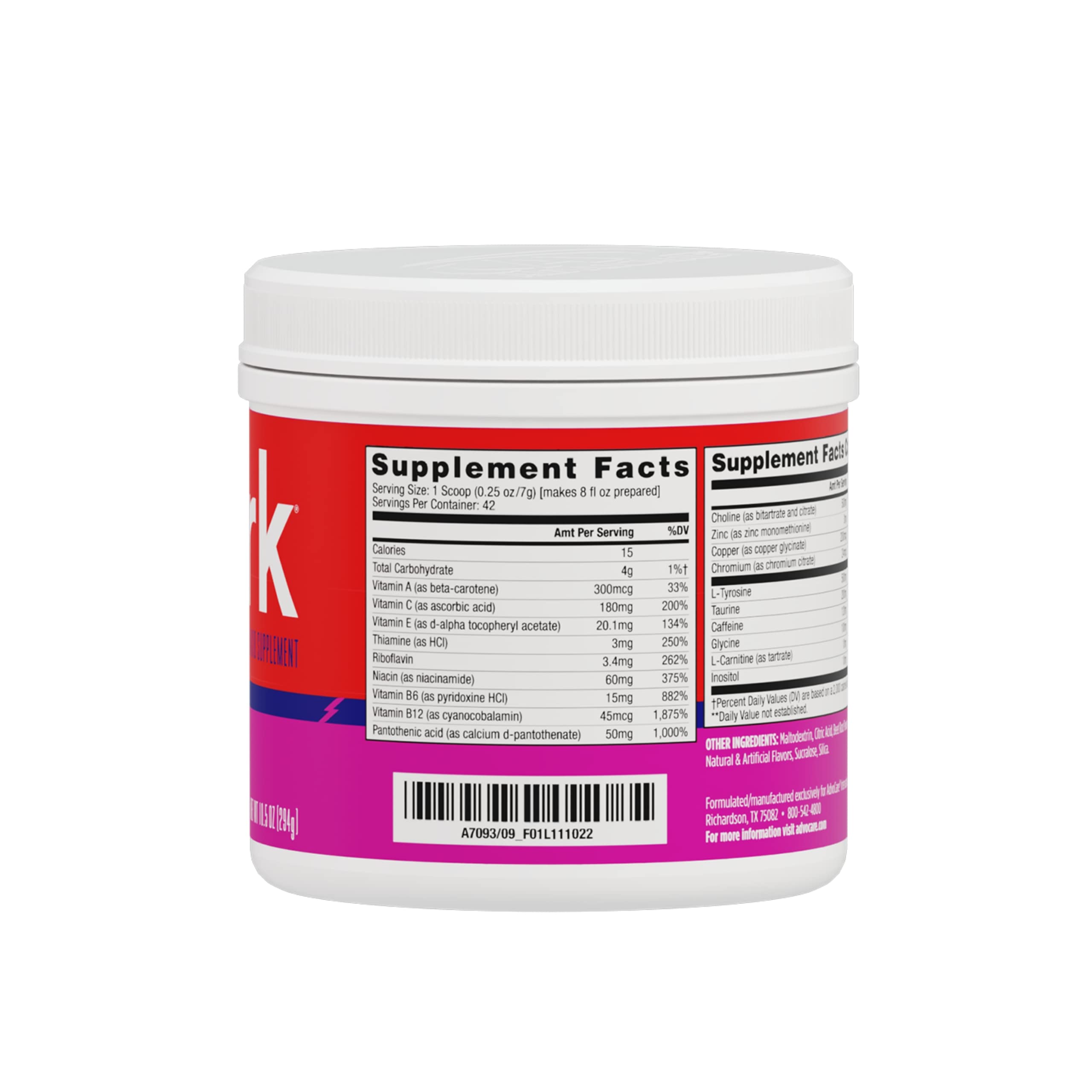 AdvoCare Spark scoop next to tub, showing quick, convenient dosing for energy boost