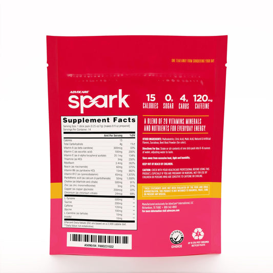 AdvoCare Spark stick pack displaying 120 mg caffeine for steady energy