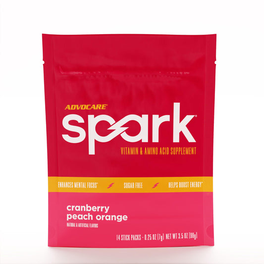 AdvoCare Spark stick pack in cranberry peach orange flavor for on-the-go energy and focus