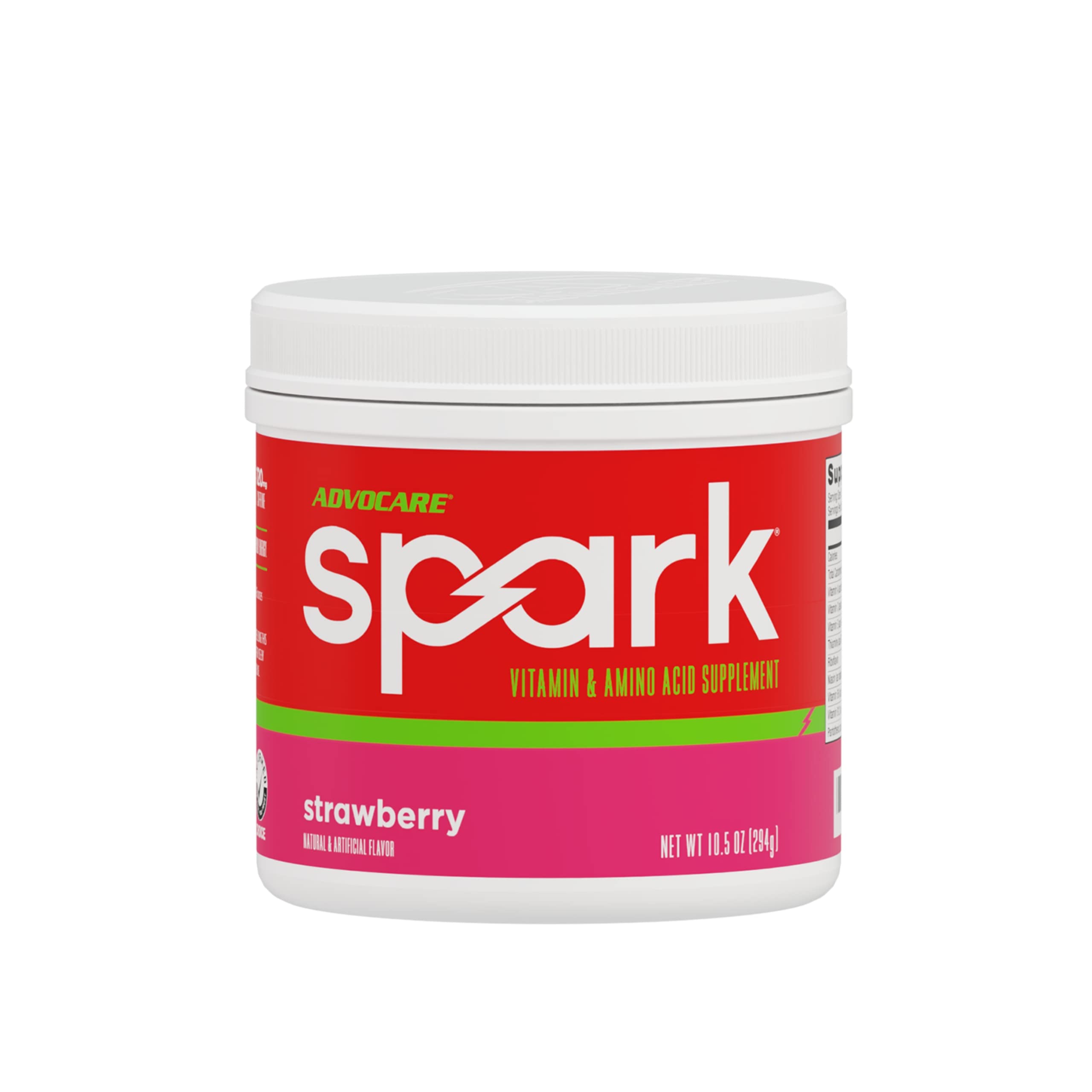 AdvoCare Spark strawberry powder tub for a sugar-free energy boost.