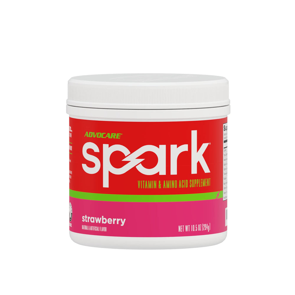 AdvoCare Spark strawberry powder tub for a sugar-free energy boost.
