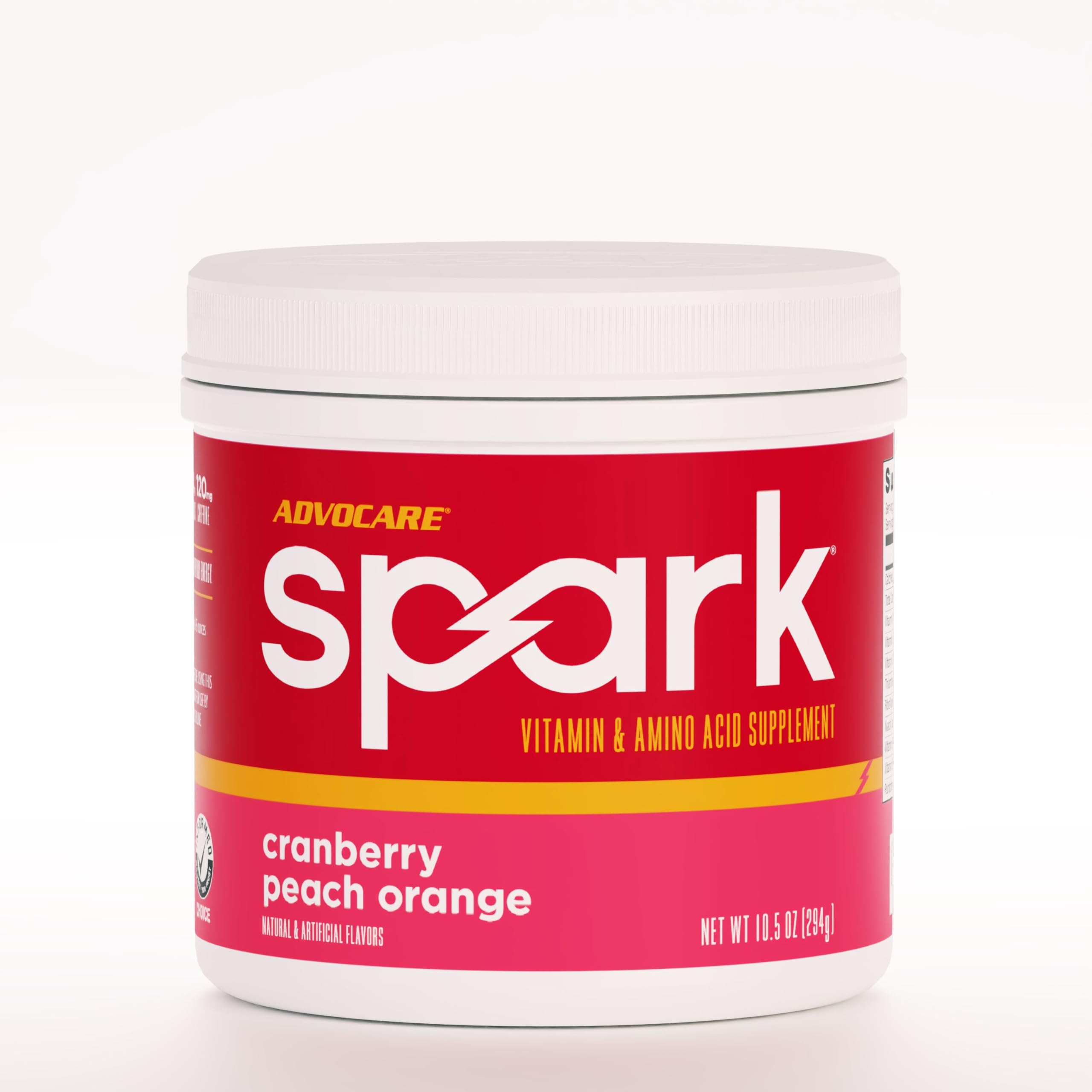 AdvoCare Spark tub front with Cranberry Peach Orange flavor for energy and focus.
