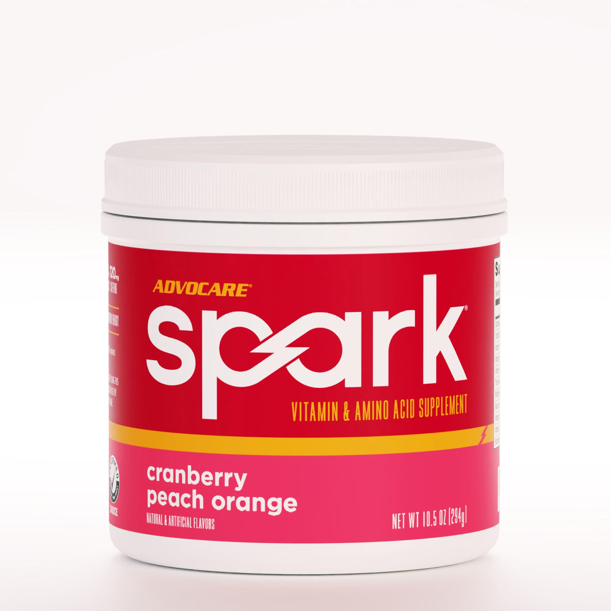 AdvoCare Spark tub front with Cranberry Peach Orange flavor for energy and focus.