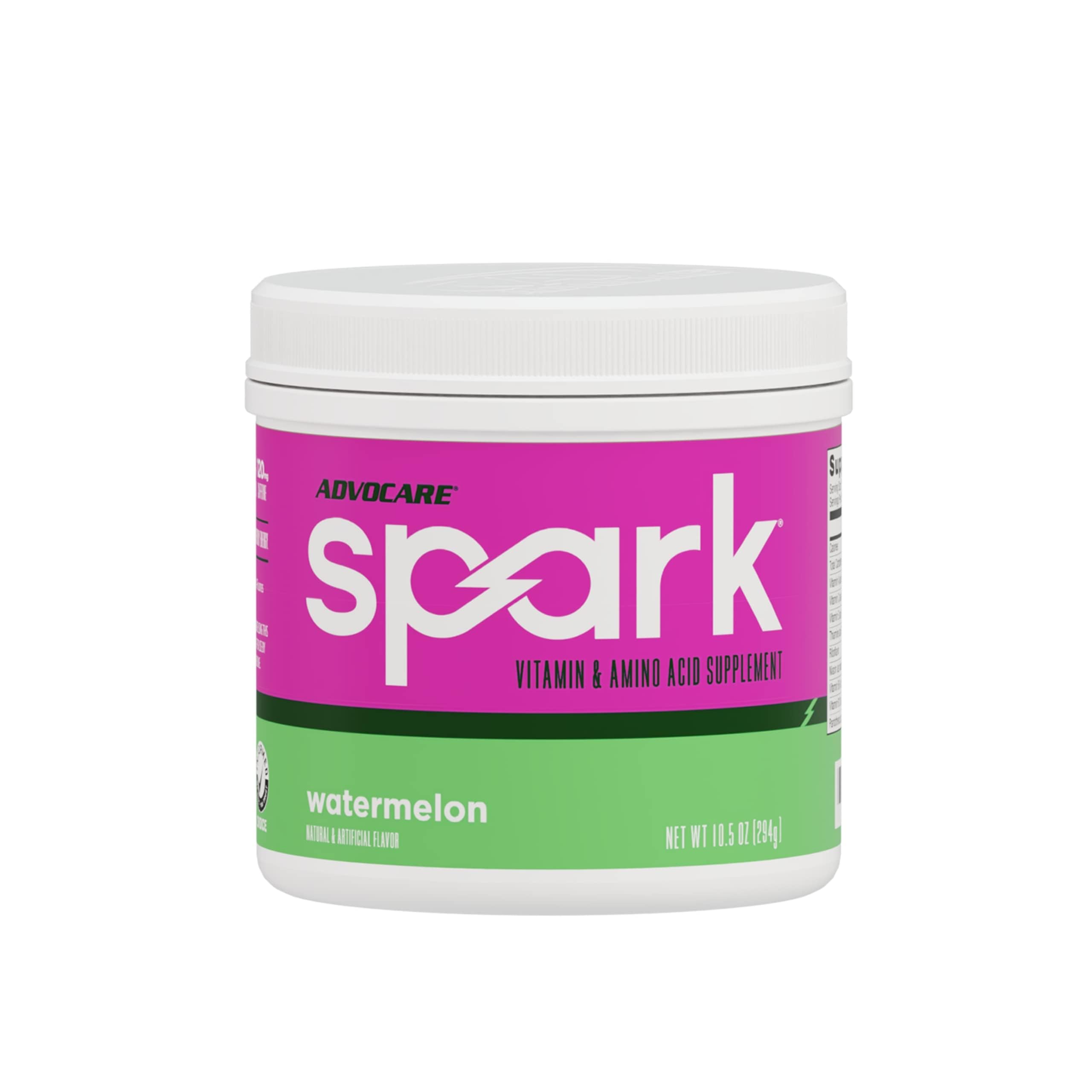 AdvoCare Spark tub front highlights watermelon flavor for quick energy.