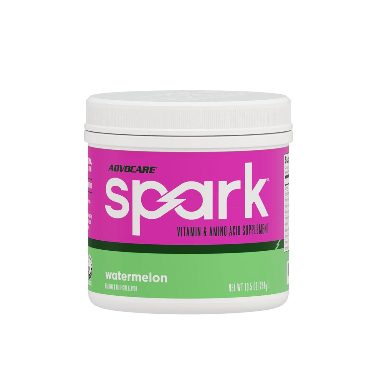 AdvoCare Spark tub front highlights watermelon flavor for quick energy.