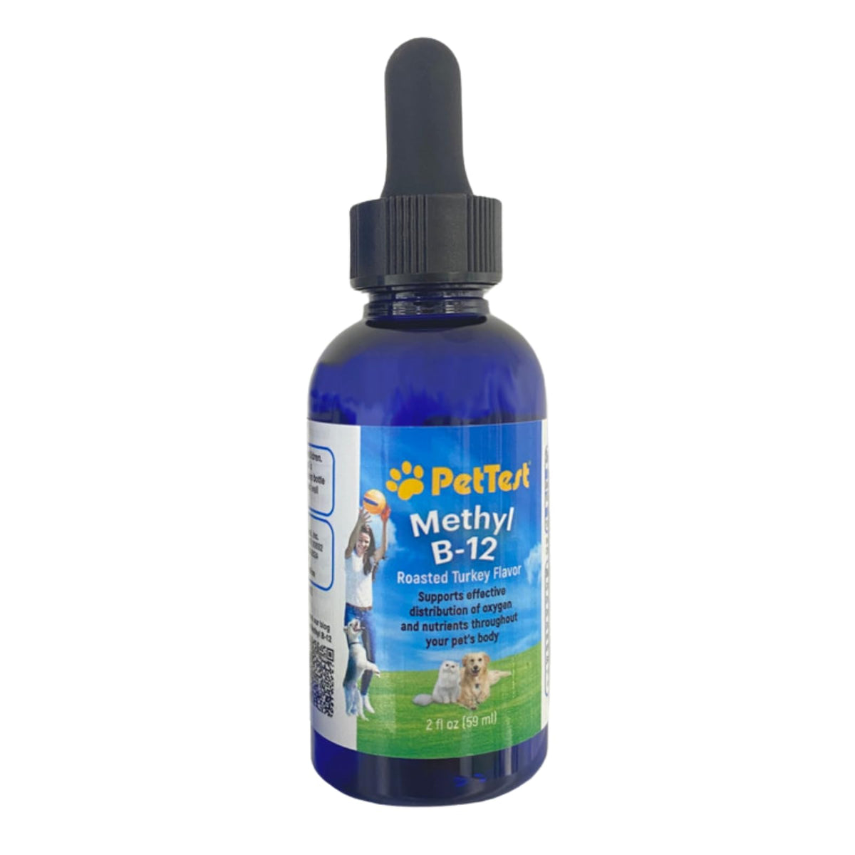 Advocate PetTest methyl B12 drops bottle label shows 5000 mcg per serving for energy support