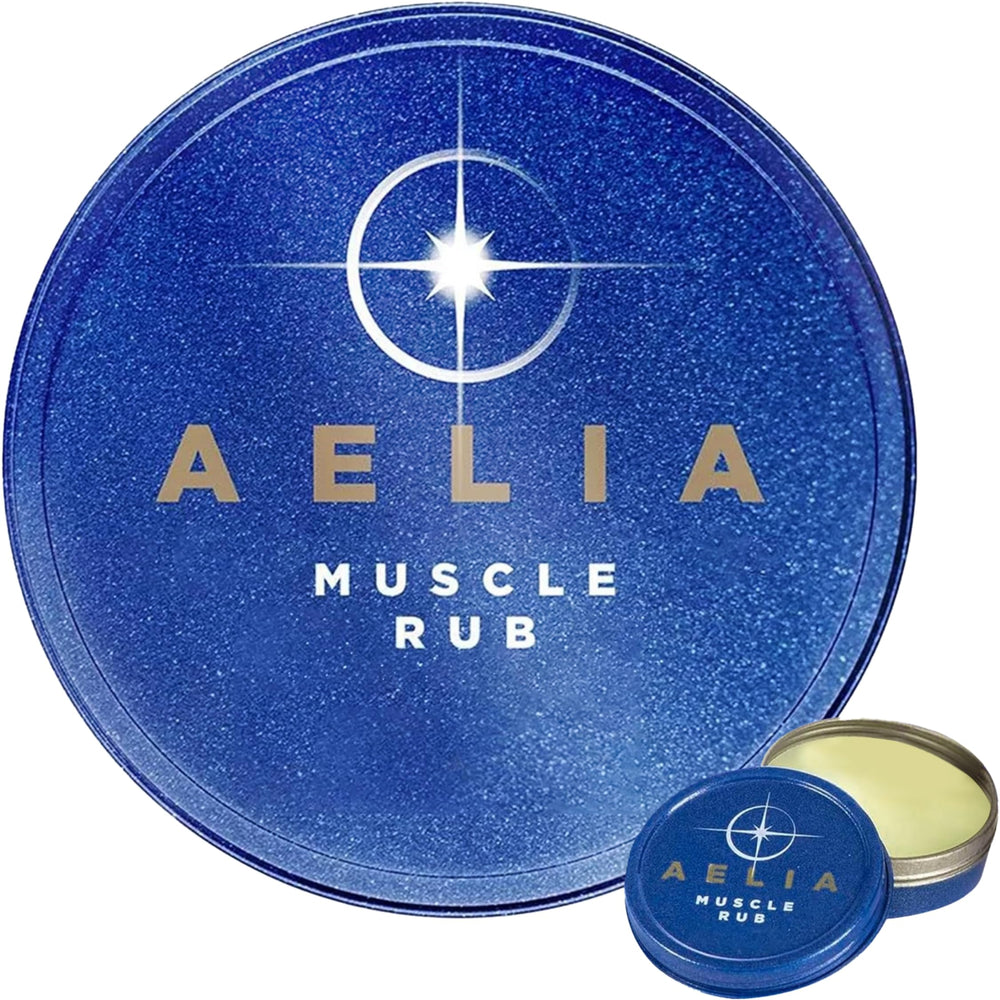 AELIA Muscle Rub tin with coconut oil and lavender for soothing daily application.