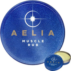 AELIA Muscle Rub tin with coconut oil and lavender for soothing daily application.
