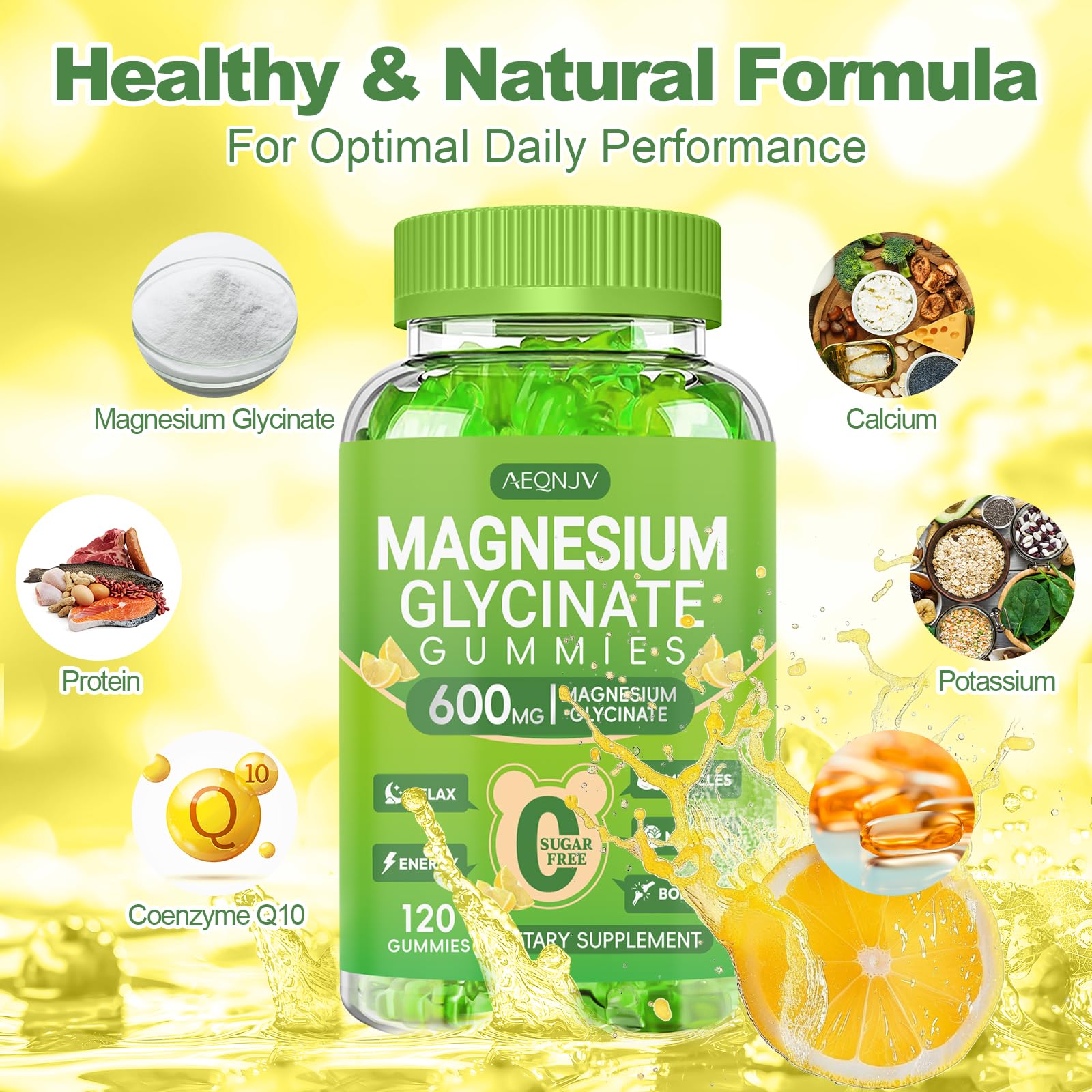 AEQNJV Magnesium Glycinate Gummies daily-use scene with bottle and gummies.