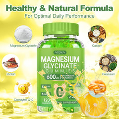 AEQNJV Magnesium Glycinate Gummies daily-use scene with bottle and gummies.