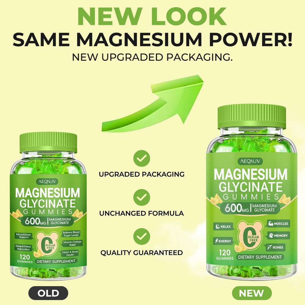 AEQNJV Magnesium Glycinate Gummies bottle showing dosage and daily schedule.