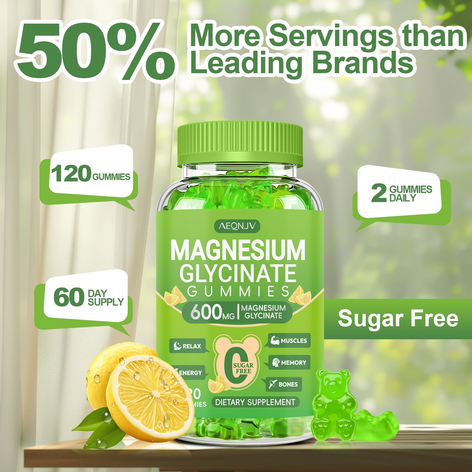 AEQNJV Magnesium Glycinate Gummies label emphasizing vegan, sugar-free formulation.