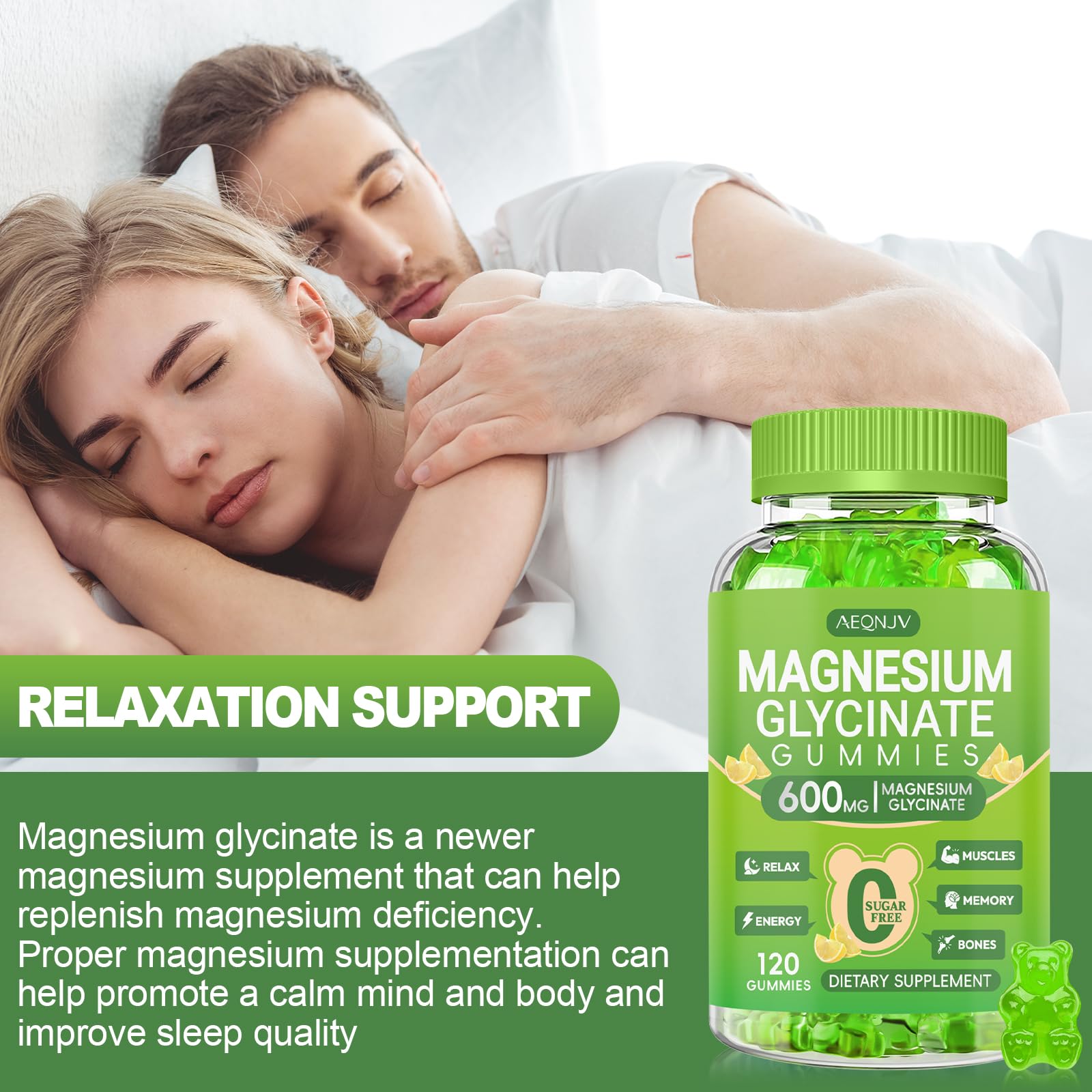 AEQNJV Magnesium Glycinate Gummies vegan option highlighting plant-based formula.