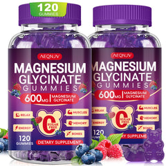 AEQNJV magnesium glycinate gummy bottle showcases sugar-free formula for sleep support.