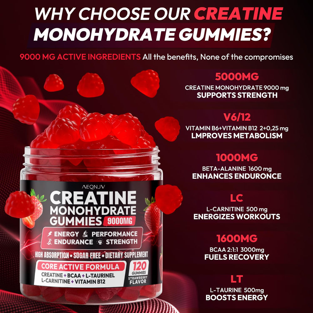 AEQNJV Creatine Gummies strawberry flavor close-up highlights vegan and gluten-free attributes