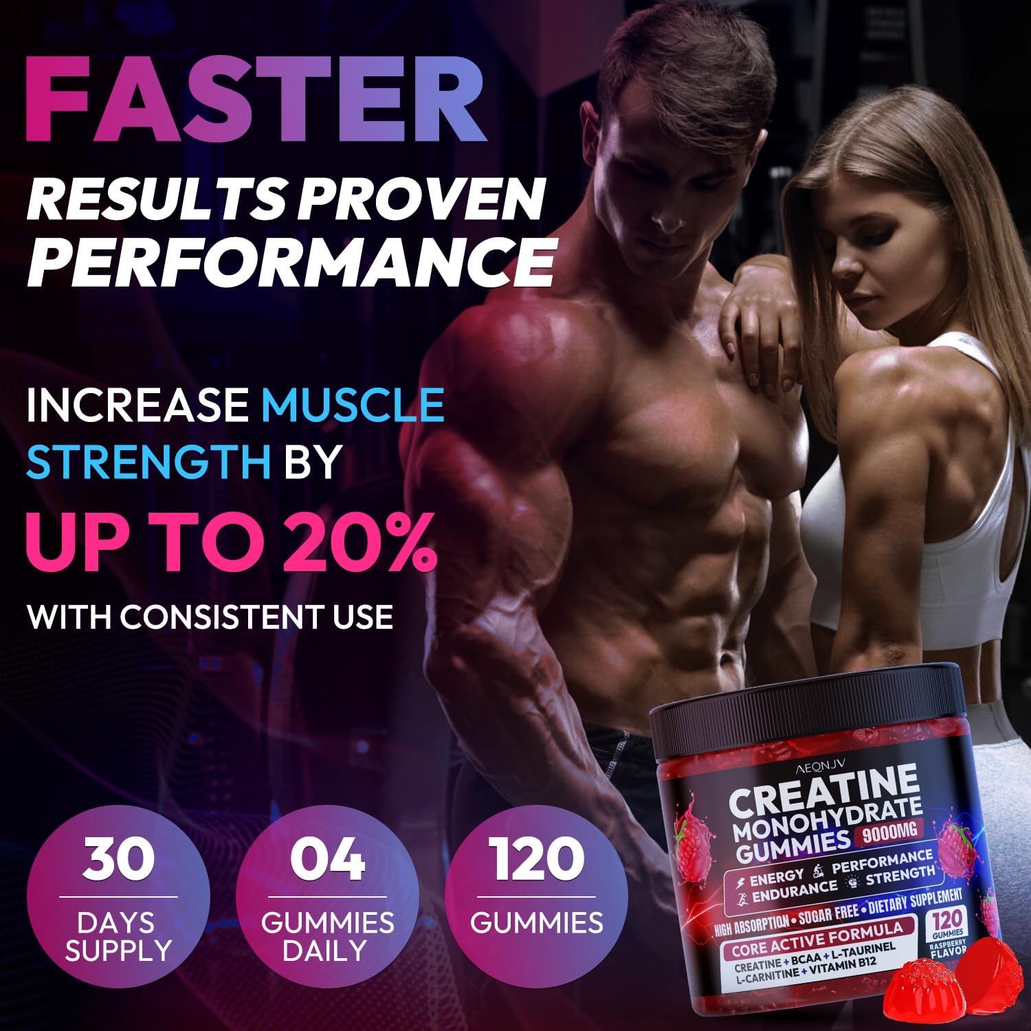 AEQNJV creatine gummies label detail featuring BCAA and taurine boosts.