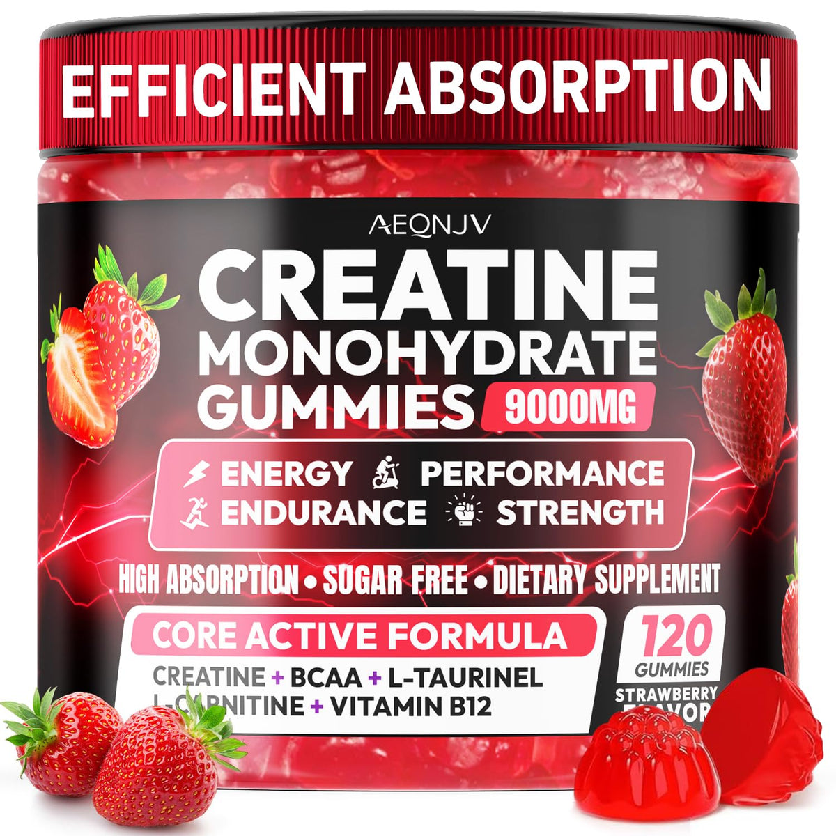 AEQNJV Creatine Gummies monohydrate bottle showing 9000mg serving for strength and endurance