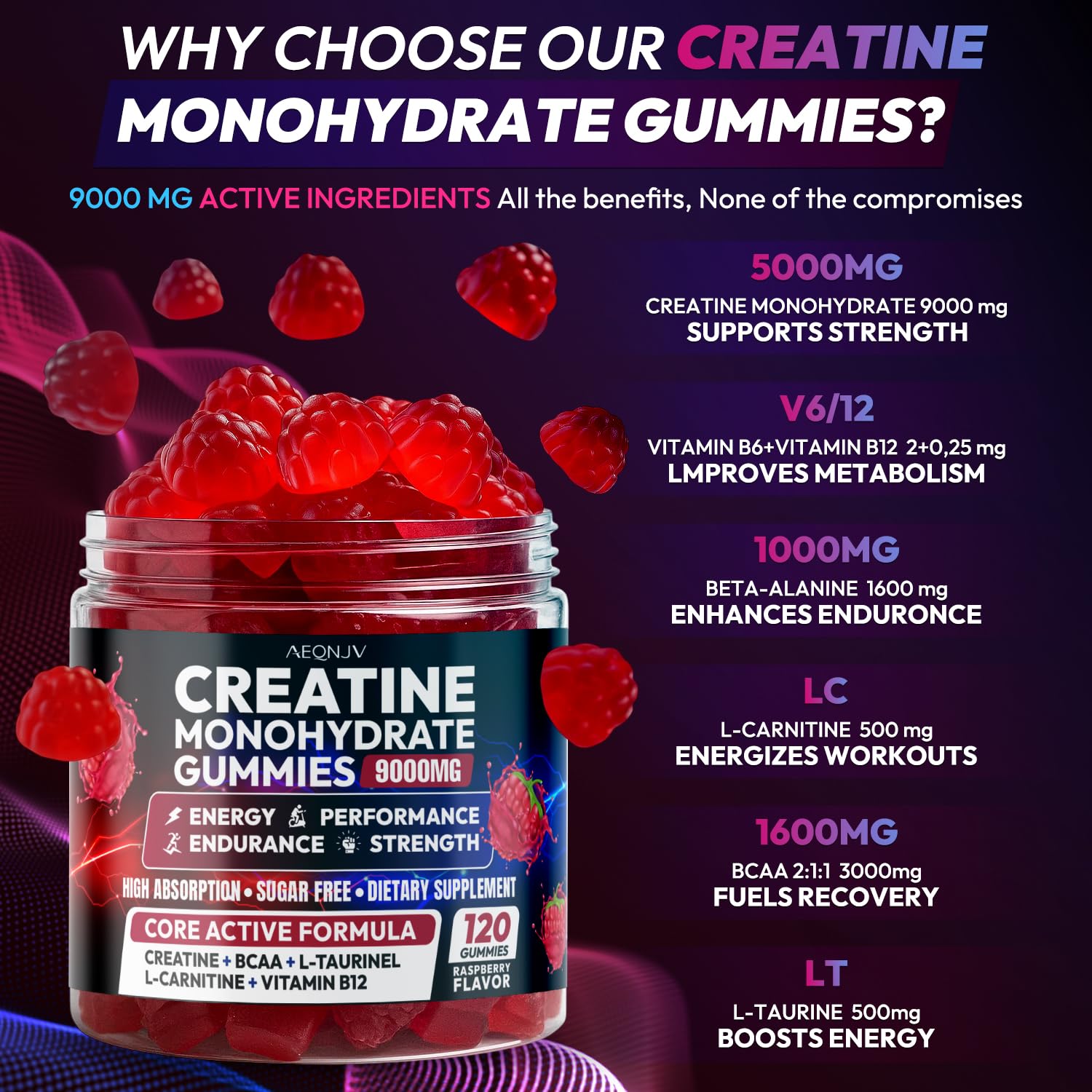 AEQNJV creatine gummies being poured to reveal chewy texture.