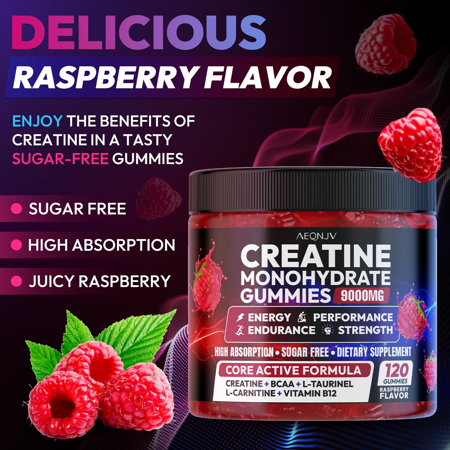 AEQNJV creatine gummies serving pouch showing convenient daily dose.