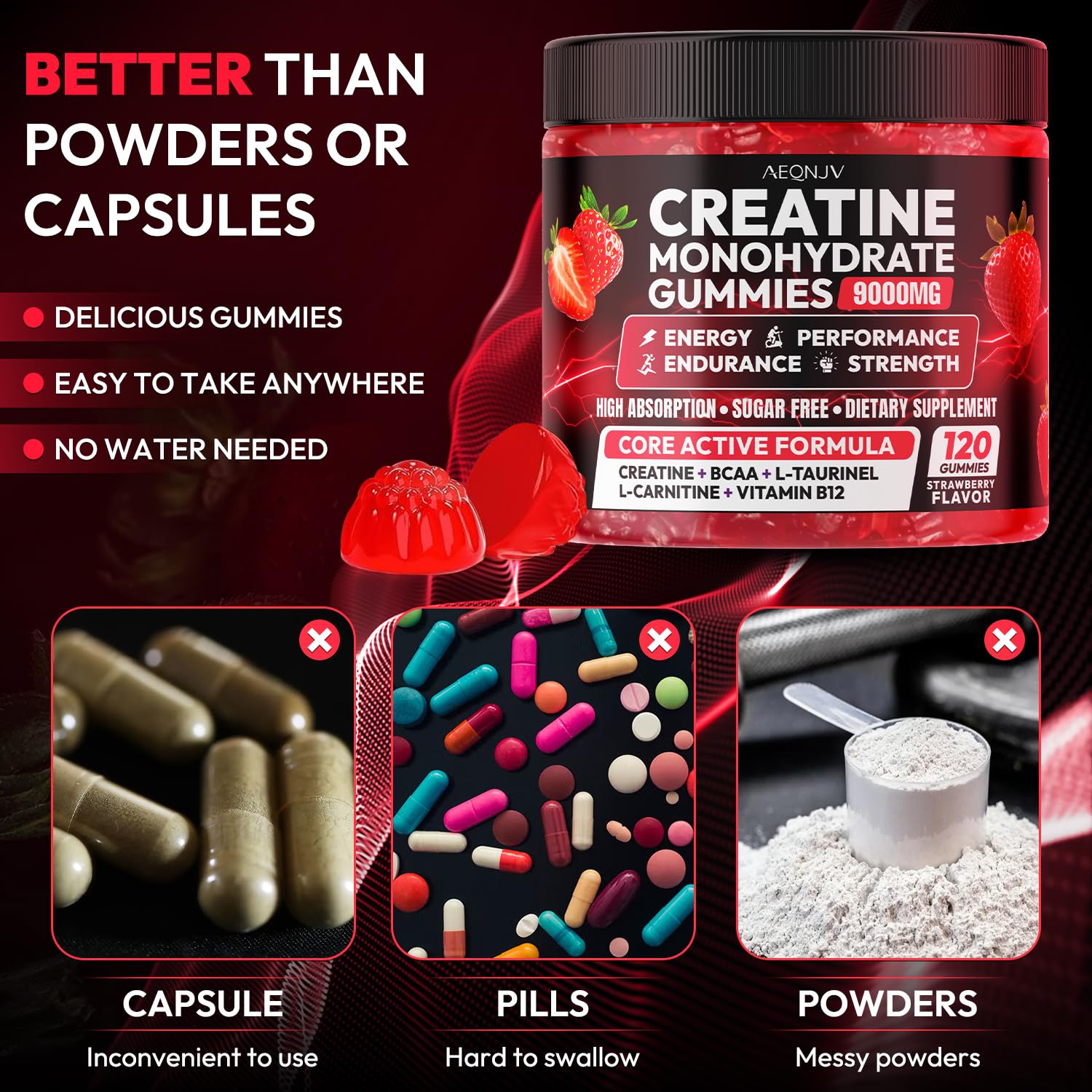 AEQNJV Creatine Gummies vegan non-GMO halal gluten-free features for dietary compatibility
