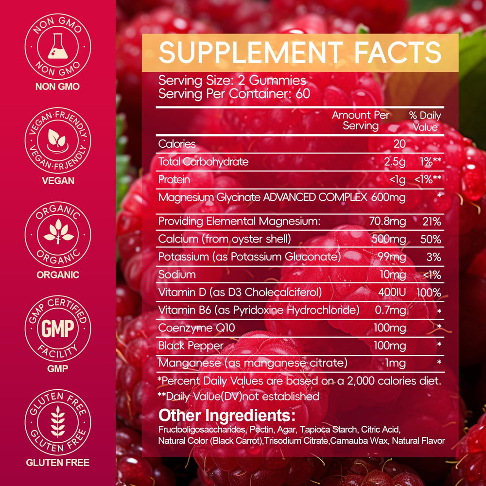 AEQNJV gummies ingredients label highlights calcium, vitamin D and CoQ10.