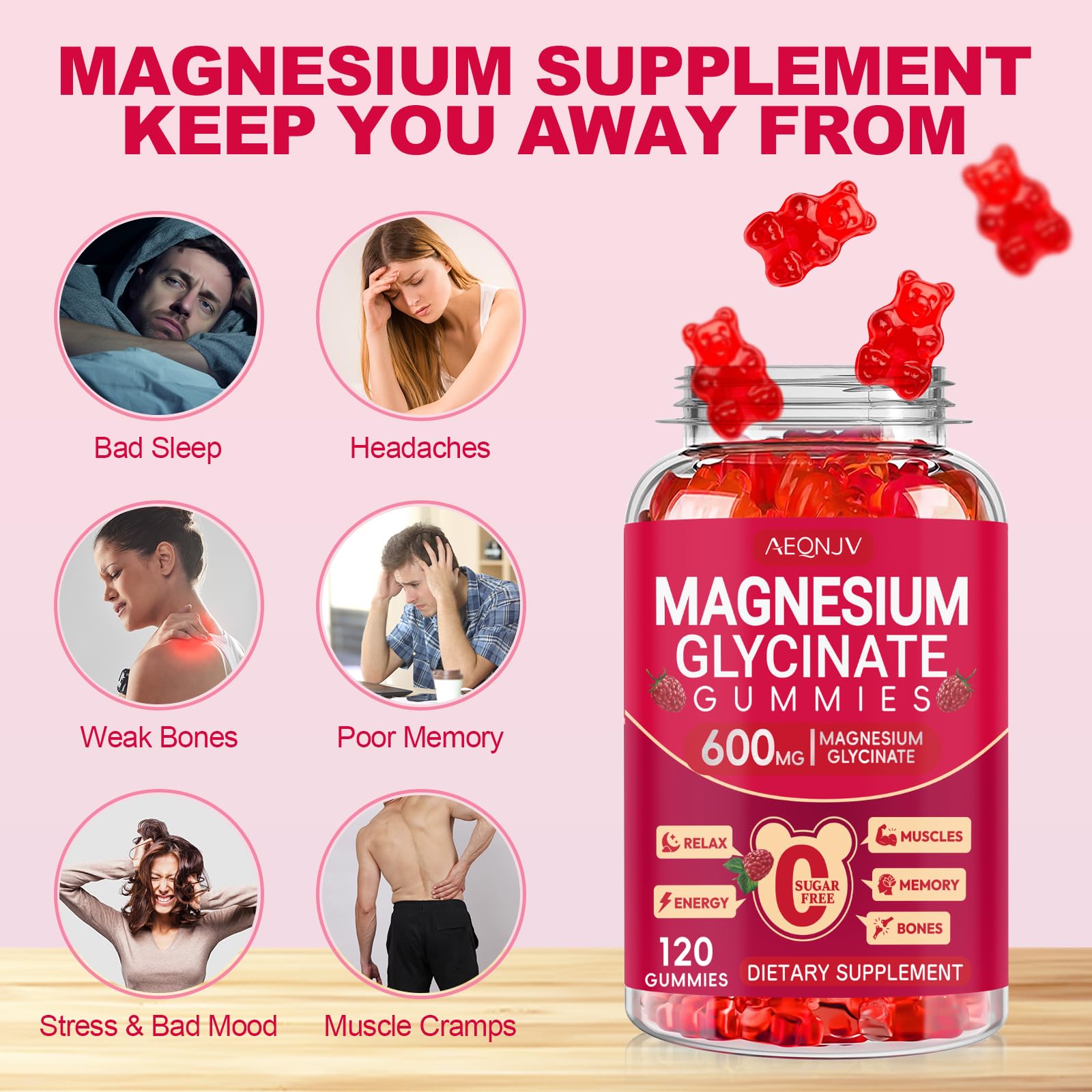 AEQNJV raspberry-flavored gummies close-up emphasizes sugar-free enjoyment.