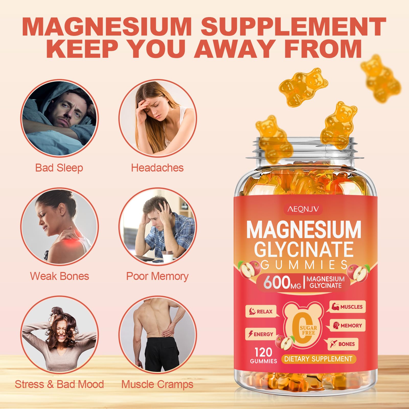 AEQNJV apple-flavored gummies close-up showing sugar-free vegan formula