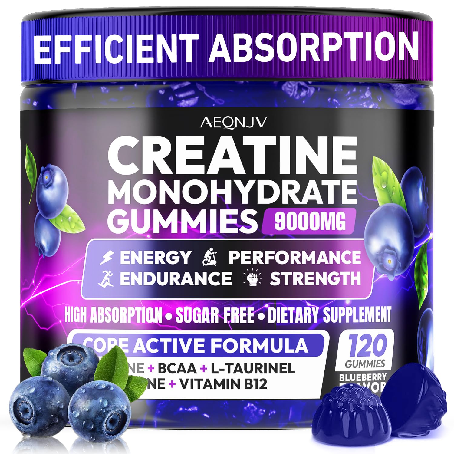 AEQNJV Creatine Gummies bottle showing 120 vegan gummies for daily energy