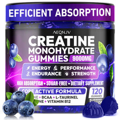 AEQNJV Creatine Gummies bottle showing 120 vegan gummies for daily energy