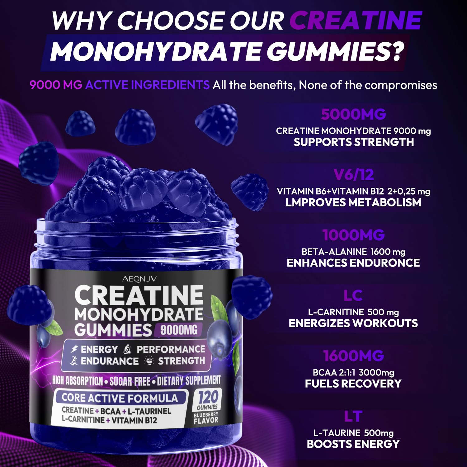 AEQNJV Creatine Gummies label lists ingredients for endurance support