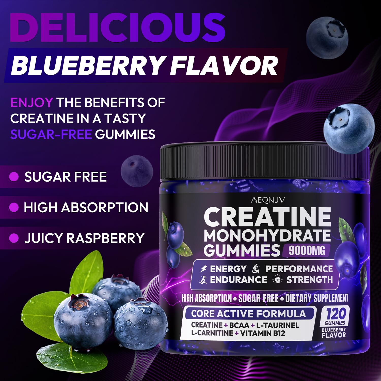 AEQNJV Creatine Gummies tub highlighting blueberry flavor for on-the-go energy