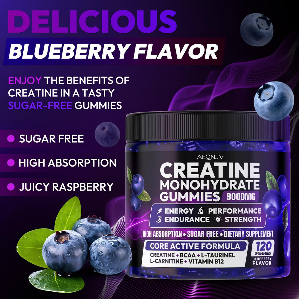 AEQNJV Creatine Gummies tub highlighting blueberry flavor for on-the-go energy