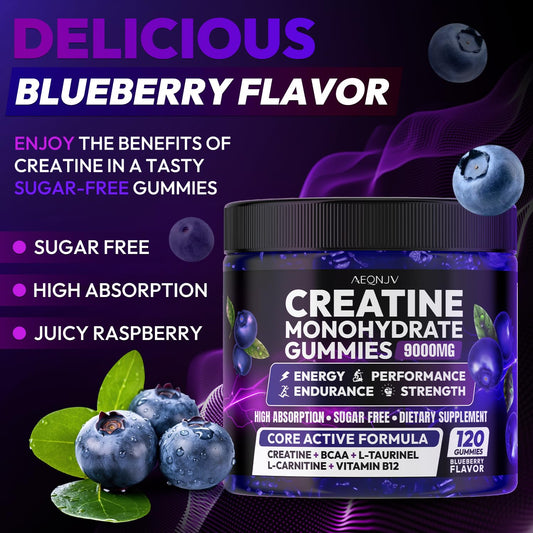AEQNJV Creatine Gummies tub highlighting blueberry flavor for on-the-go energy