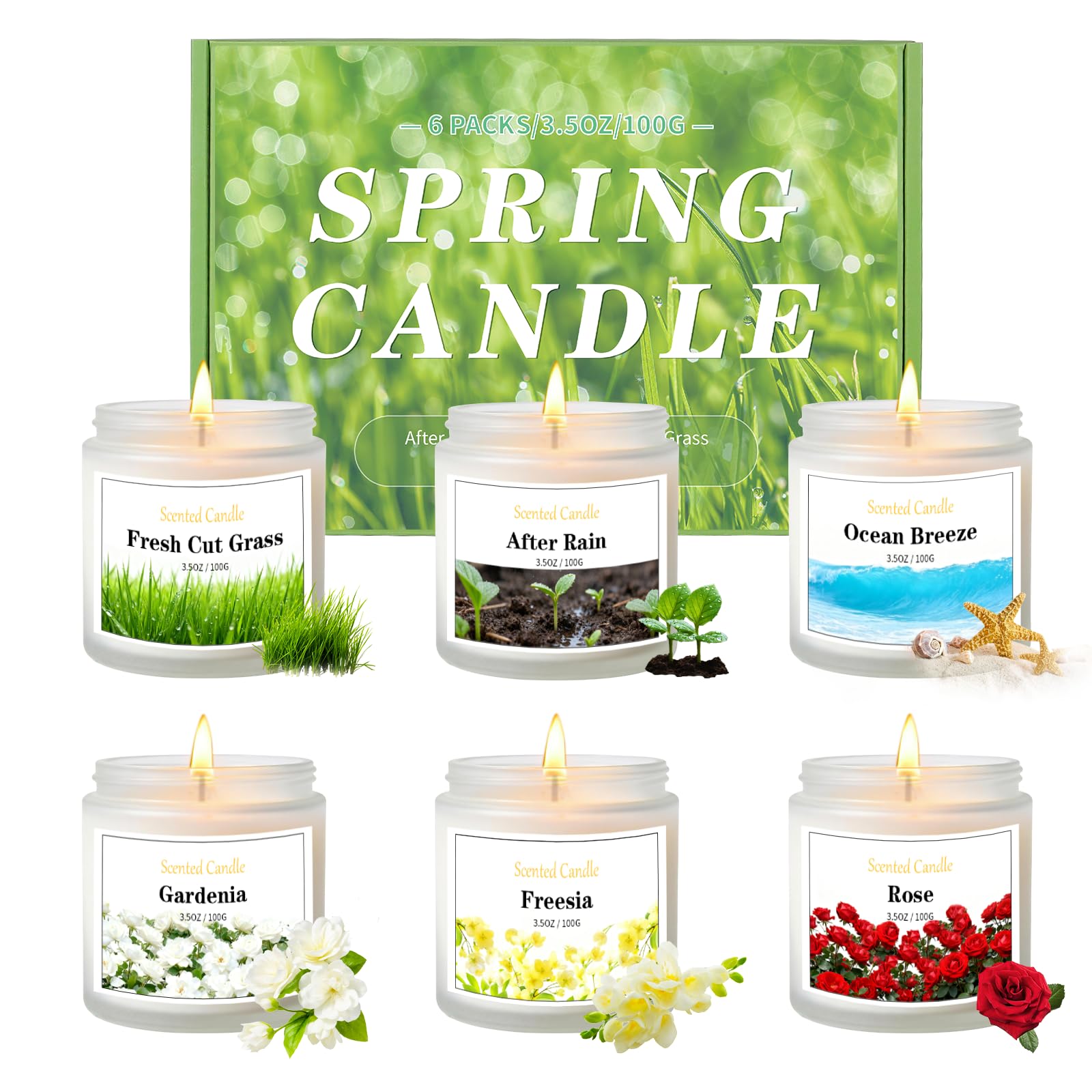 Aeraroma spring candles 6-pack set for cozy home ambiance.