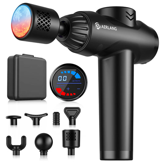 AERLANG massage gun with heat and cold settings for targeted muscle relief.