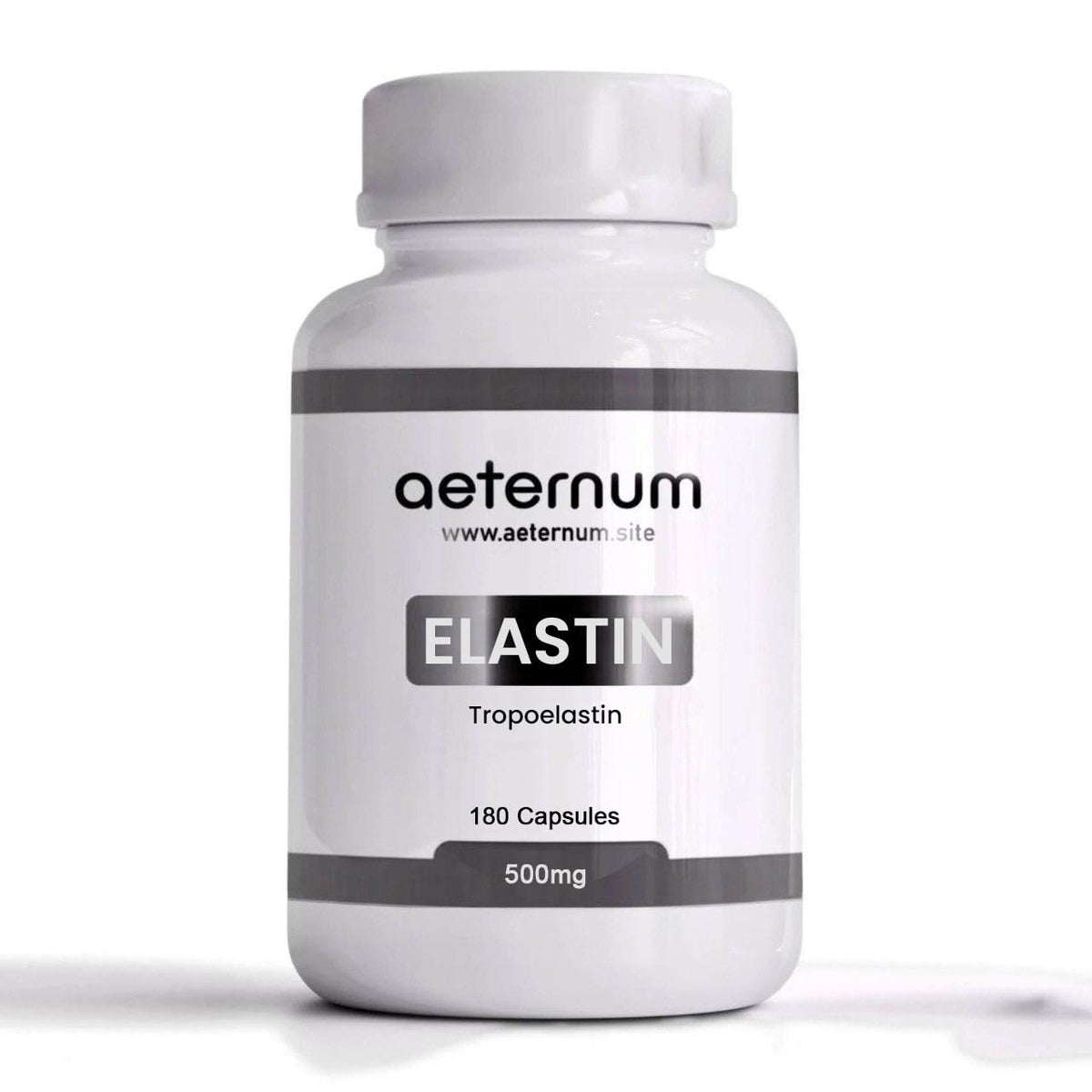 Aeternum Elastin bottle front showing 180 capsules for daily skin support.