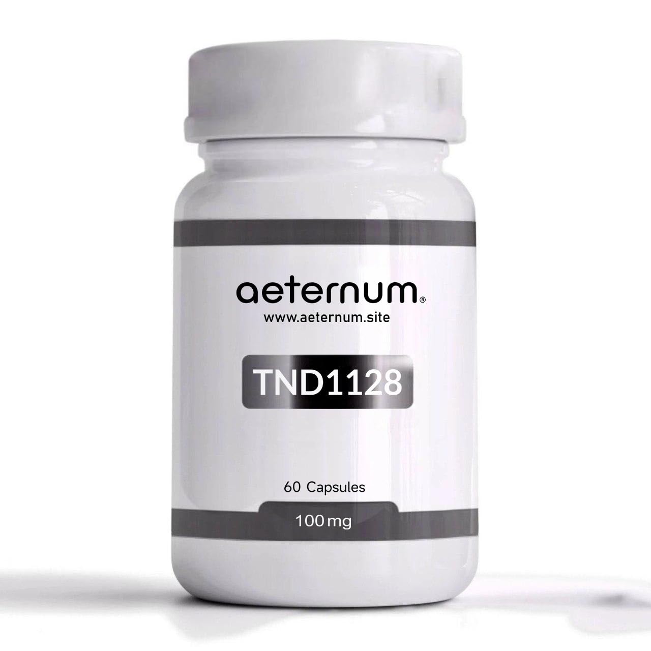 Aeternum TND1128 bottle with vegan 100mg capsules for potential NAD+ support