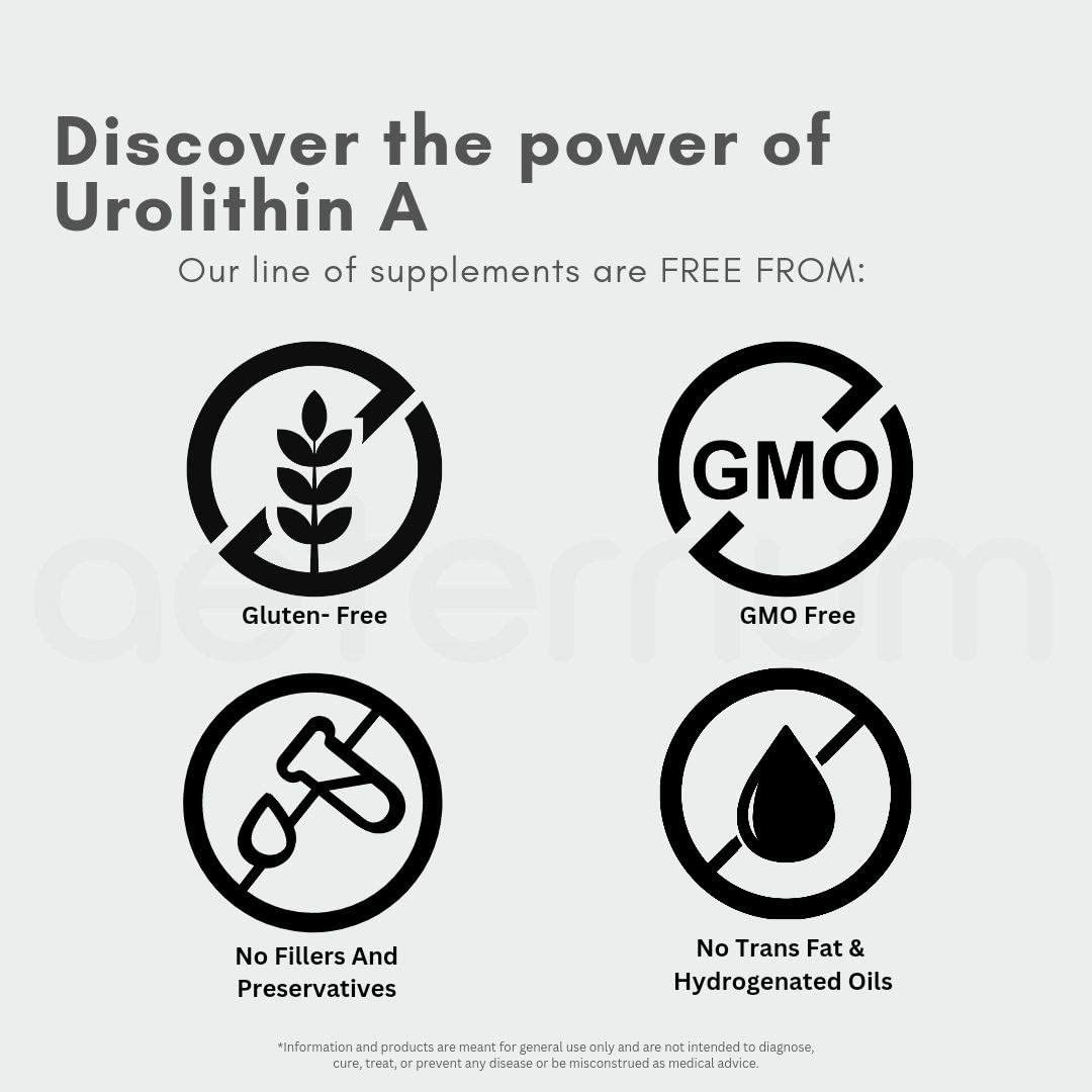 Aeternum UA label closeup highlights pure Urolithin A.