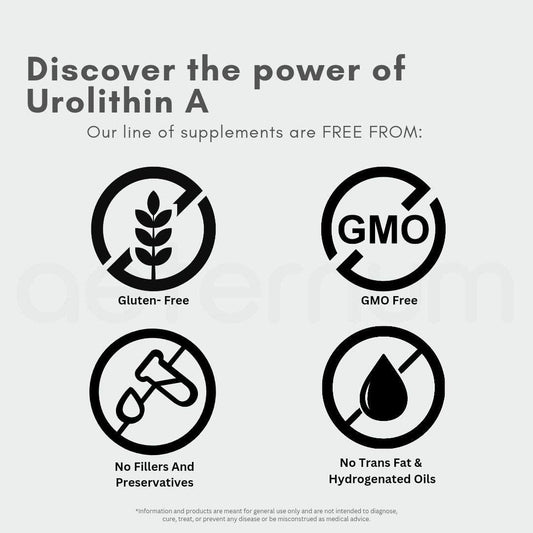 Aeternum UA label closeup highlights pure Urolithin A.