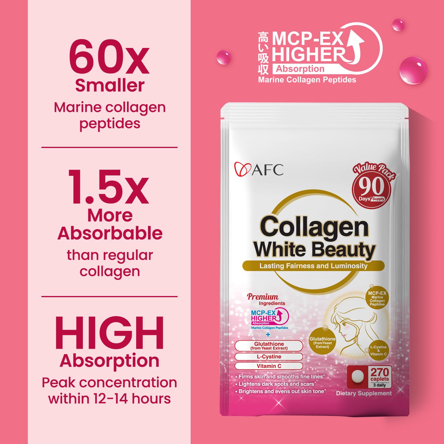 Three-pack AFC Japan Collagen White Beauty on a store shelf for long-term use.