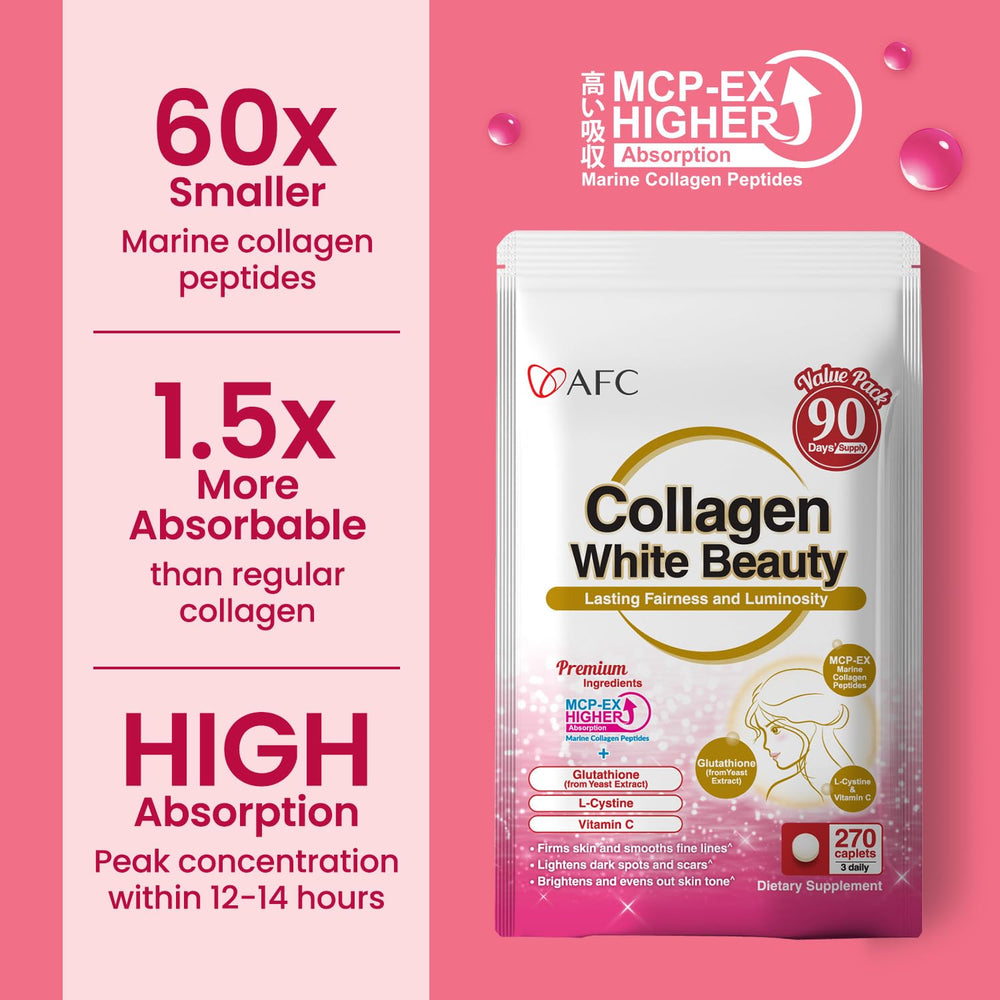 Three-pack AFC Japan Collagen White Beauty on a store shelf for long-term use.