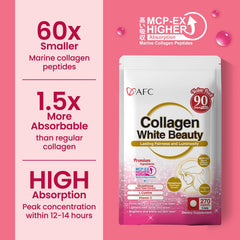 Three-pack AFC Japan Collagen White Beauty on a store shelf for long-term use.