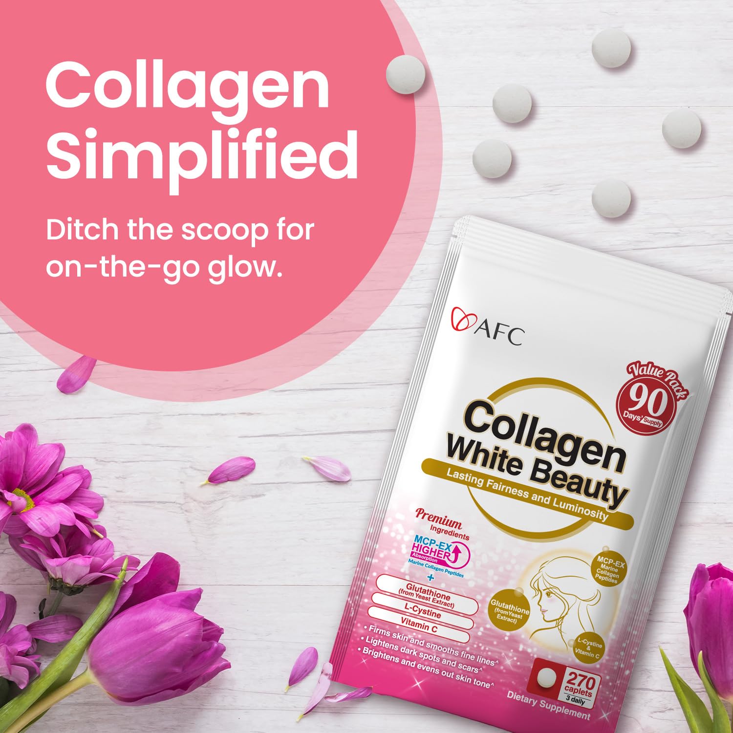 Close-up of AFC Japan Collagen White Beauty caplets showing small, easy-to-swallow shape.